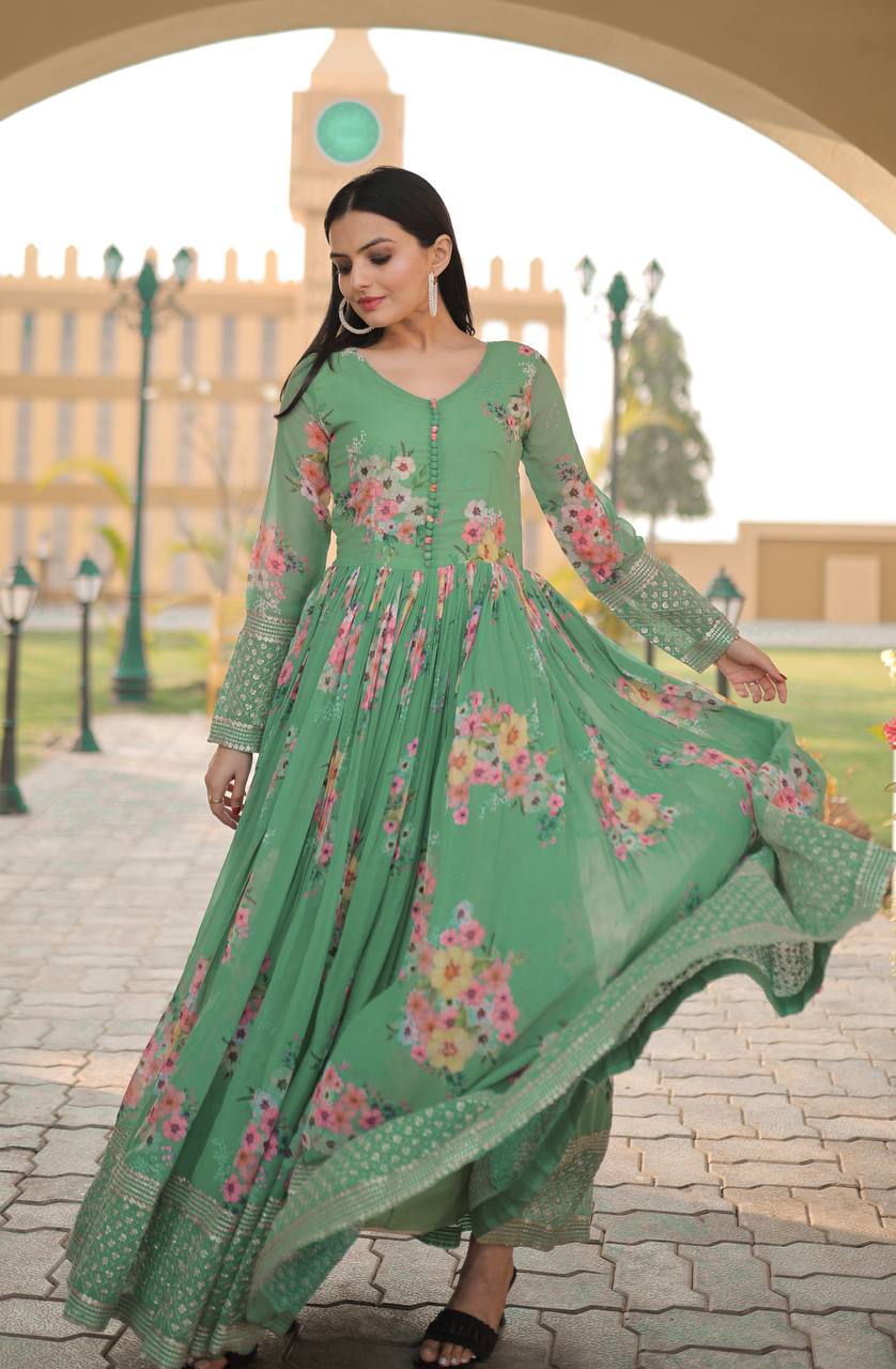 Digital Print Pista Green Color Function Wear Gown