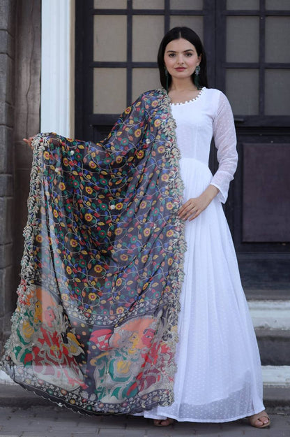 Pretty White Gown With Black Organza Dupatta