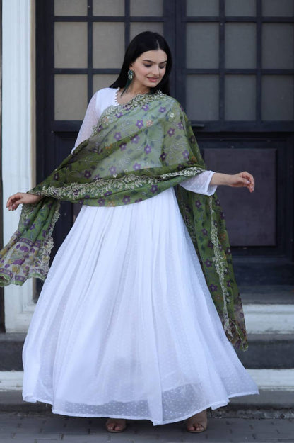 Pretty White Gown With Green Organza Dupatta