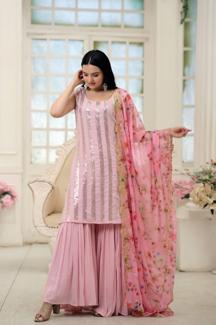 Wonderful  Light Pink Color Embroidery Work Sharara Suit