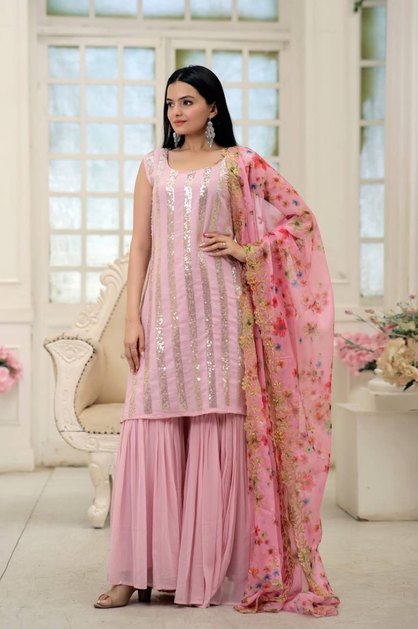 Wonderful  Light Pink Color Embroidery Work Sharara Suit