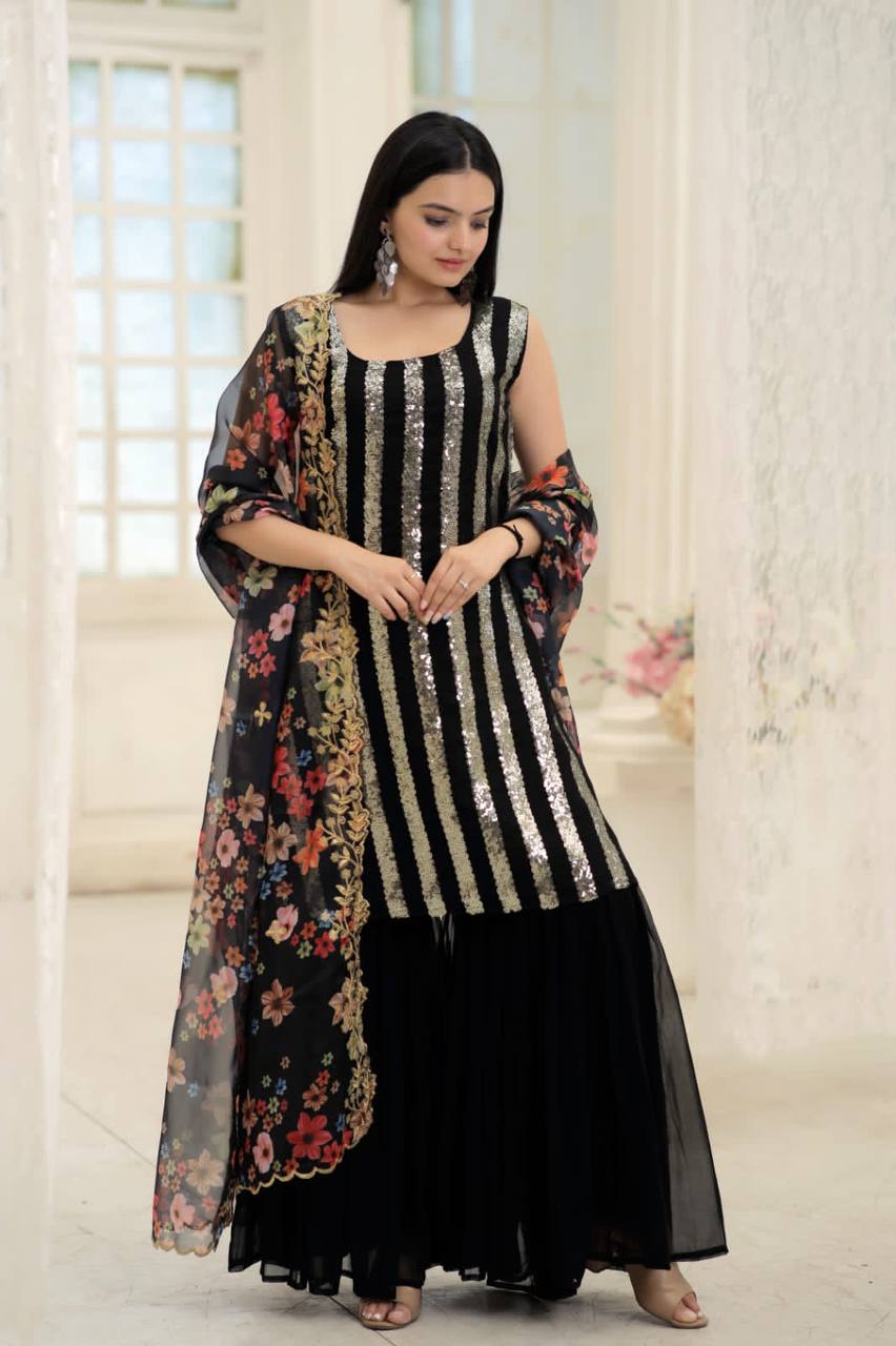 Wonderful Black Color Embroidery Work Sharara Suit