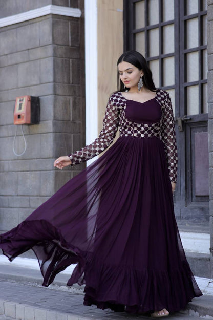 Wedding Wear Wine Color Embroidered Work Gown