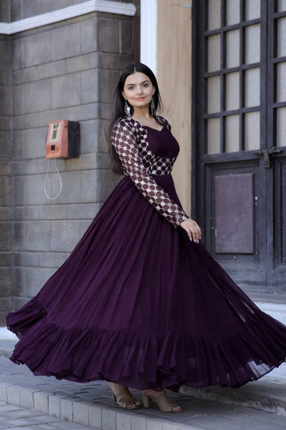 Wedding Wear Wine Color Embroidered Work Gown