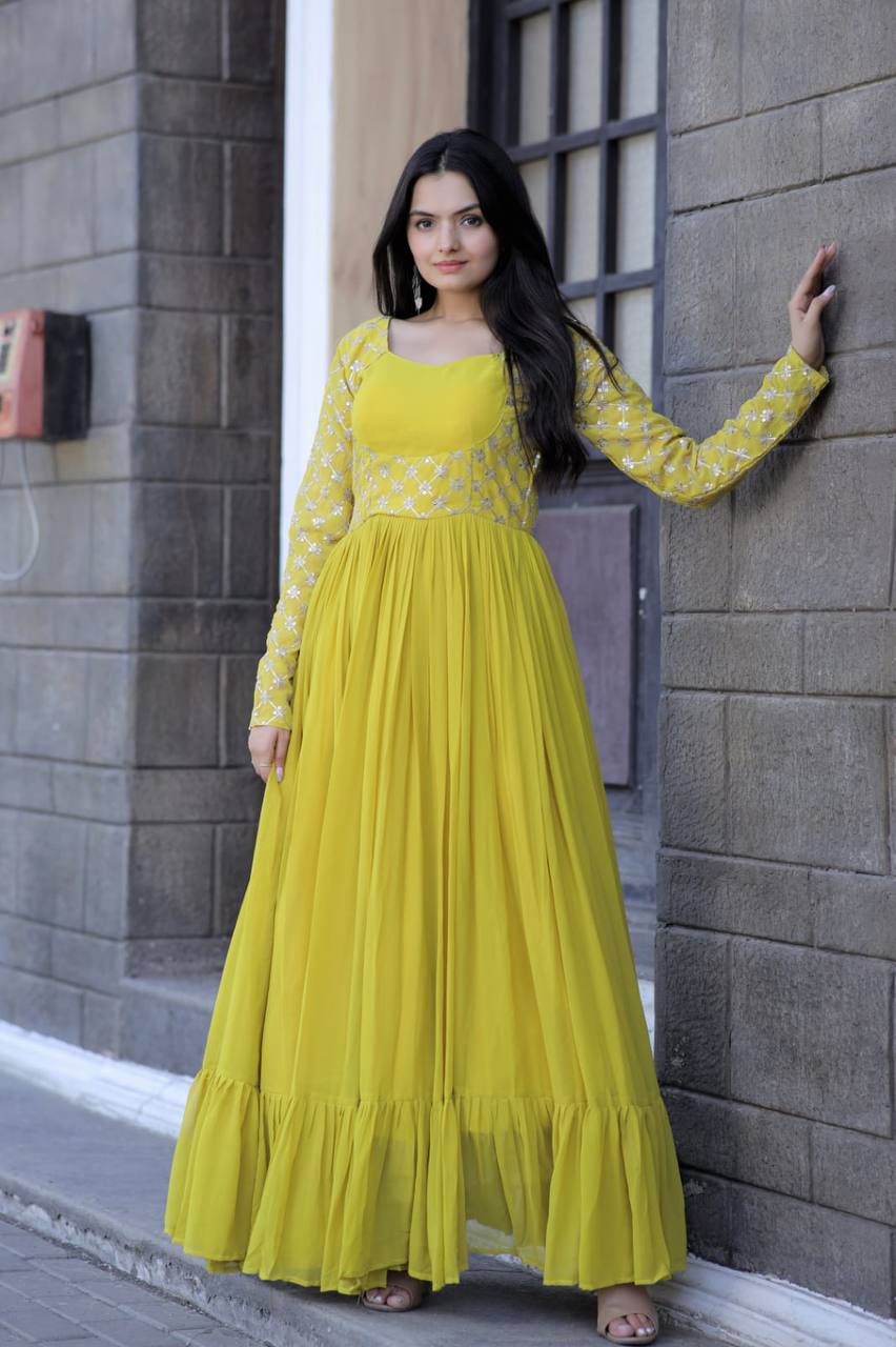 Wedding Wear Yellow Color Embroidered Work Gown