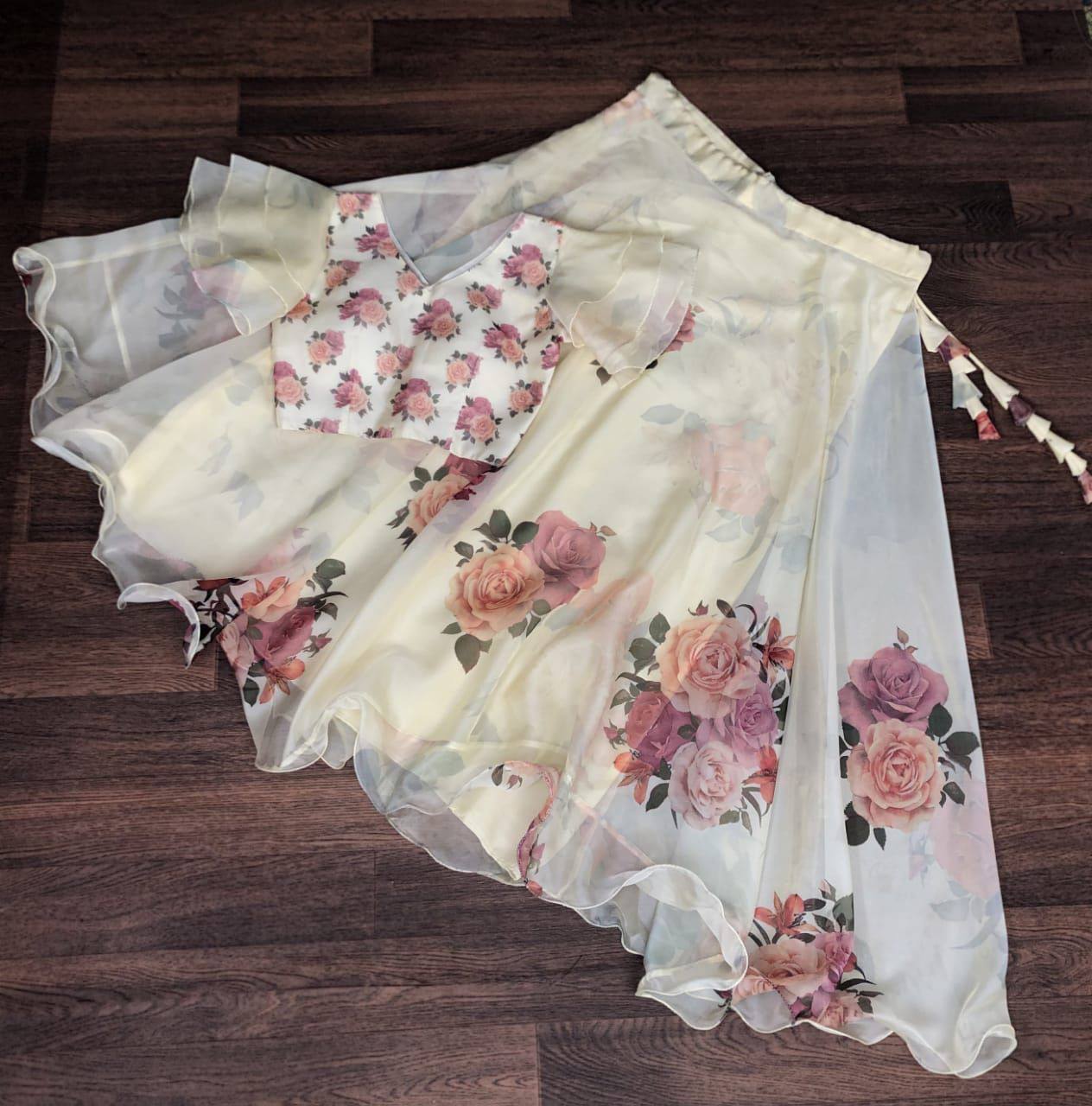 Full-Stitched Flower Print Off White Top With Lehenga