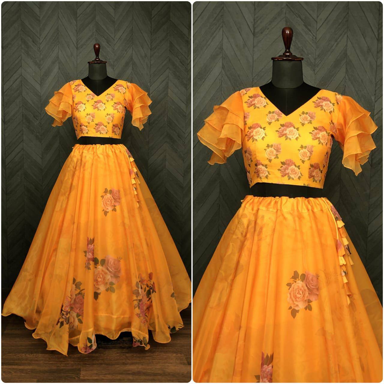 Full-Stitched Flower Print Yellow Top With Lehenga