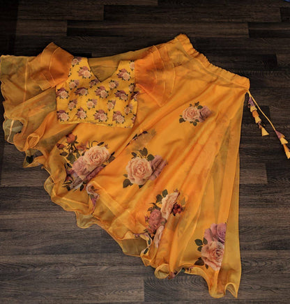 Full-Stitched Flower Print Yellow Top With Lehenga