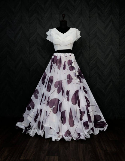 Beautiful Leaf Print Purple Color Lehenga With Blouse