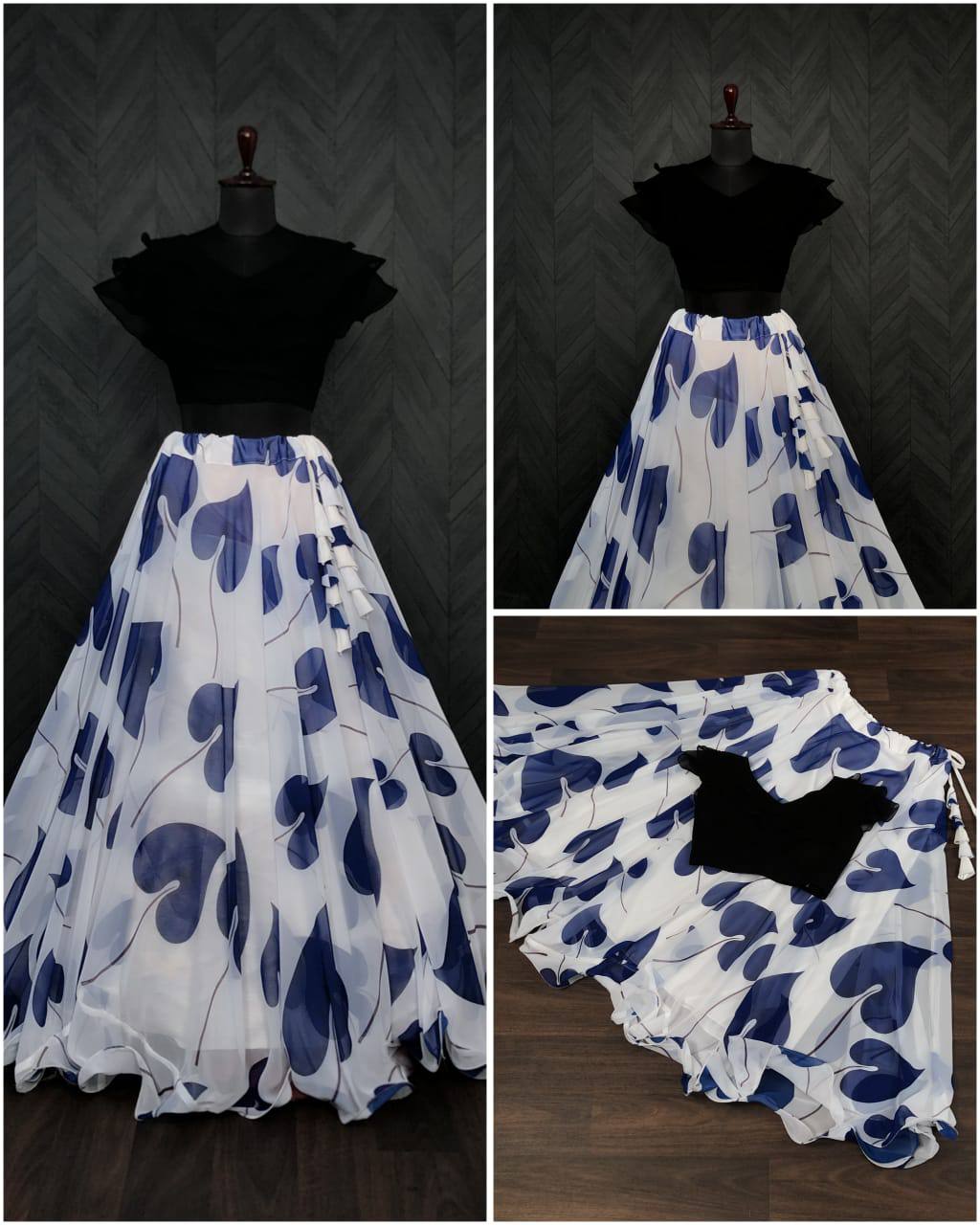 Beautiful Leaf Print Blue Color Lehenga With Blouse