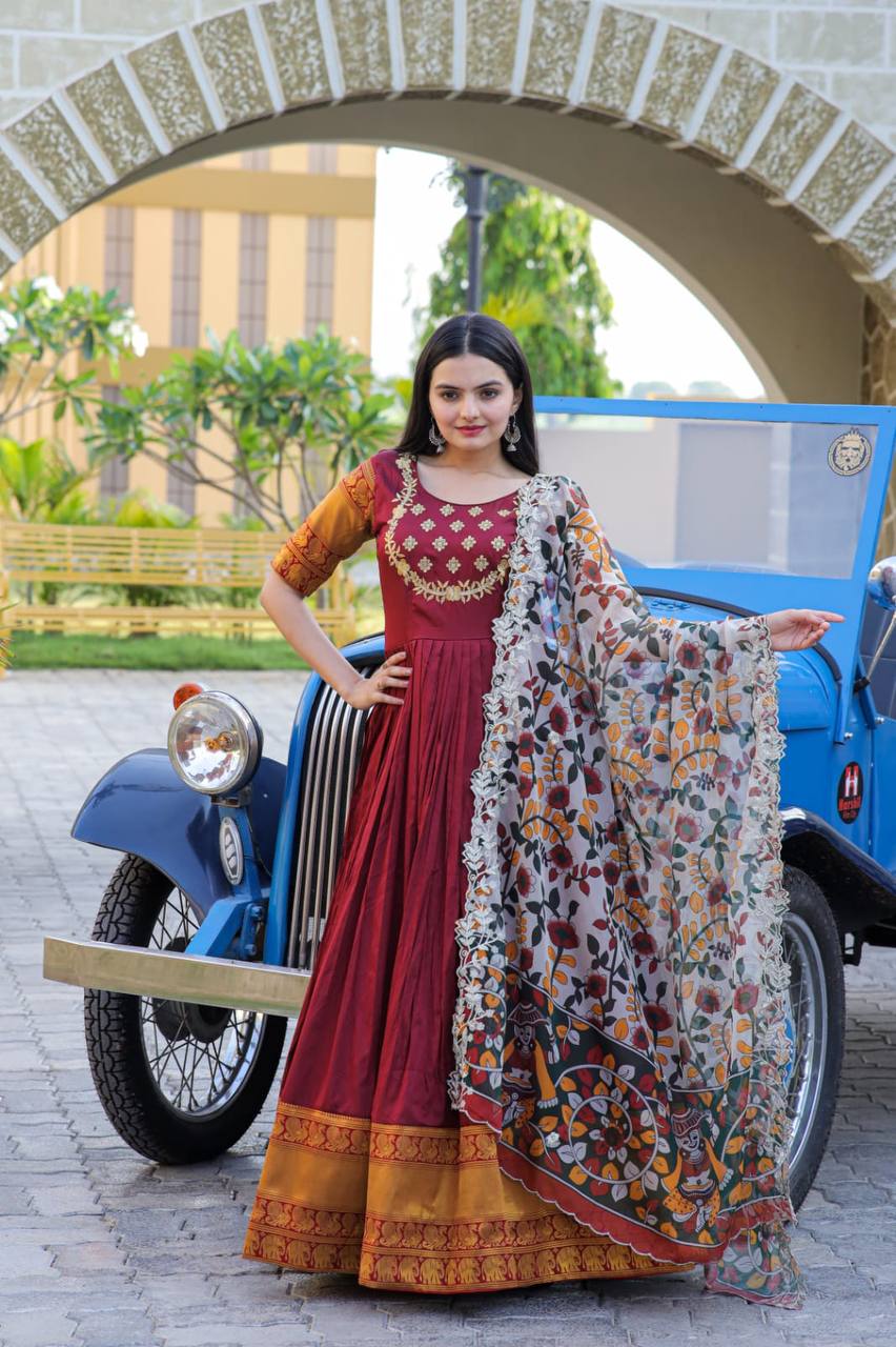 Maroon Embroidery Work Gown With Stylish Dupatta