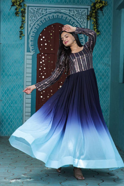 Rich Digital Print Work Blue Color Long Gown