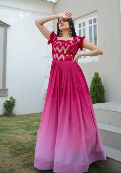 Digital Print Pink Color Sequence Work Gown