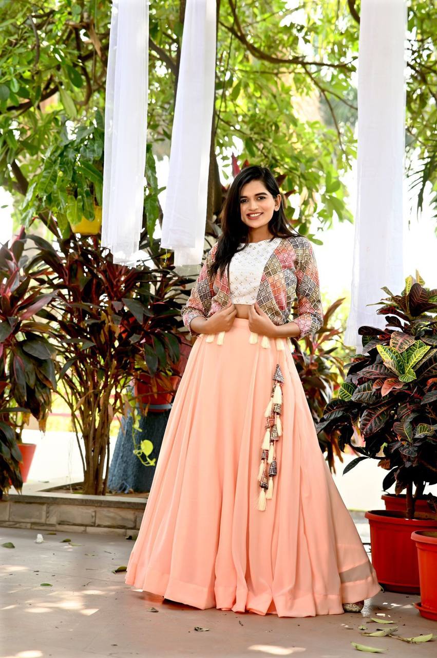 Attractive Peach Color Lehenga Choli With Koti