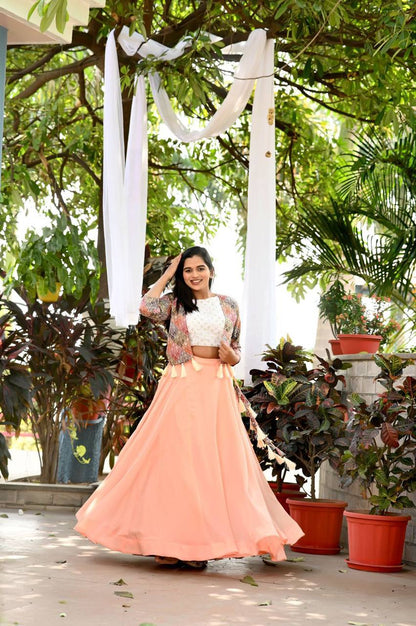 Attractive Peach Color Lehenga Choli With Koti