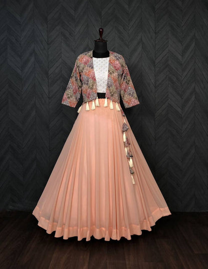 Attractive Peach Color Lehenga Choli With Koti