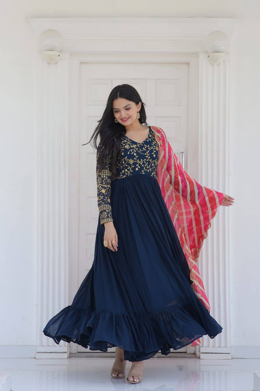 Occasion Wear Navy Blue Color Embroidered Work Gown