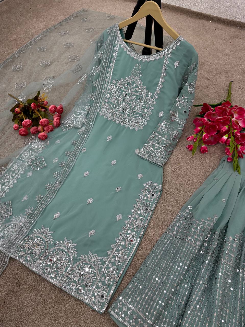 Pista Green Color Embroidery Sequence Work  Sharara Suit