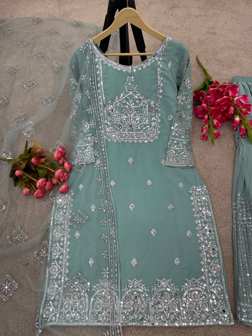 Pista Green Color Embroidery Sequence Work  Sharara Suit