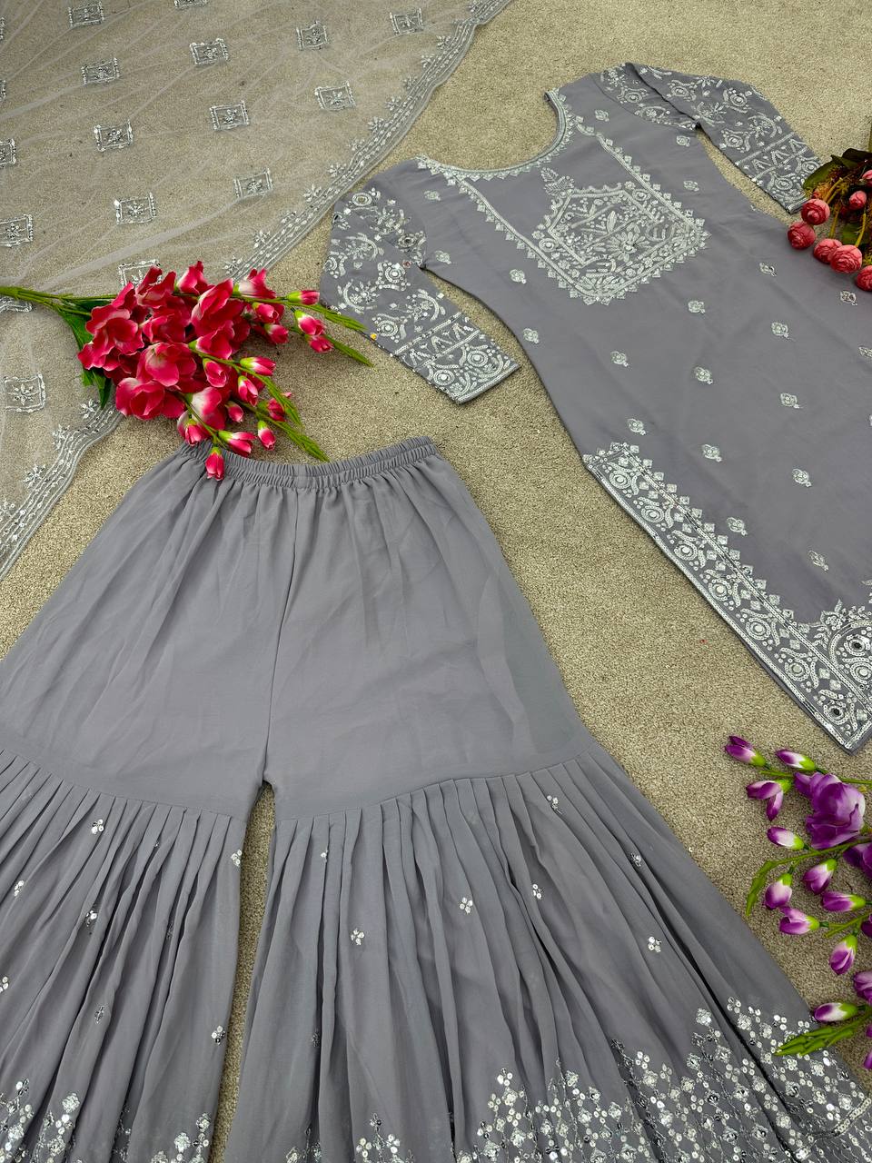 Gray Color Embroidery Sequence Work  Sharara Suit