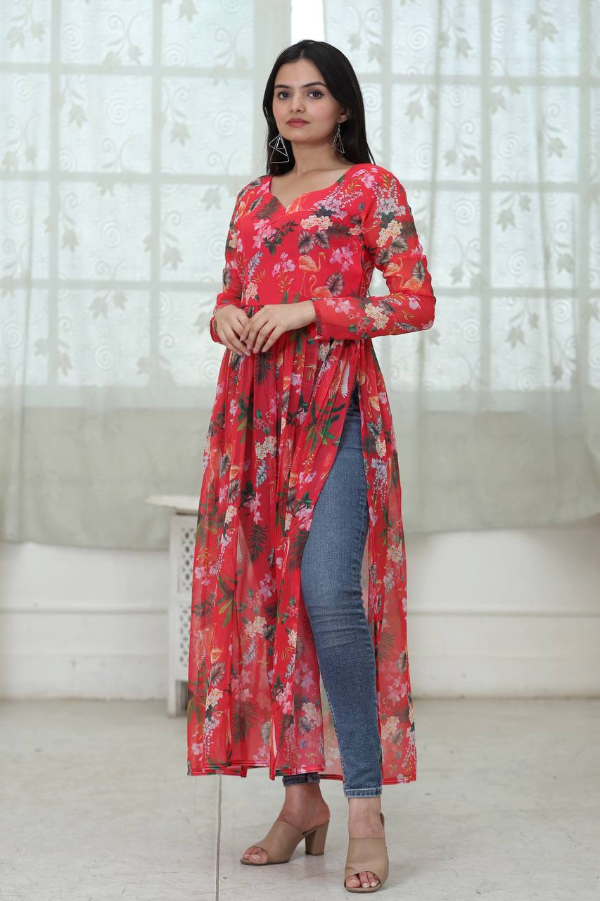 Casual Wear Digital Print Red Color Kurti