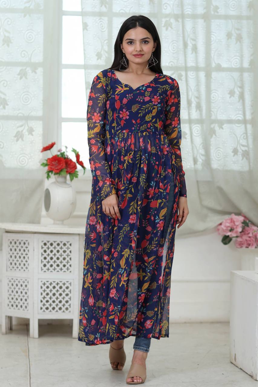 Casual Wear Digital Print Navy Blue Color Kurti