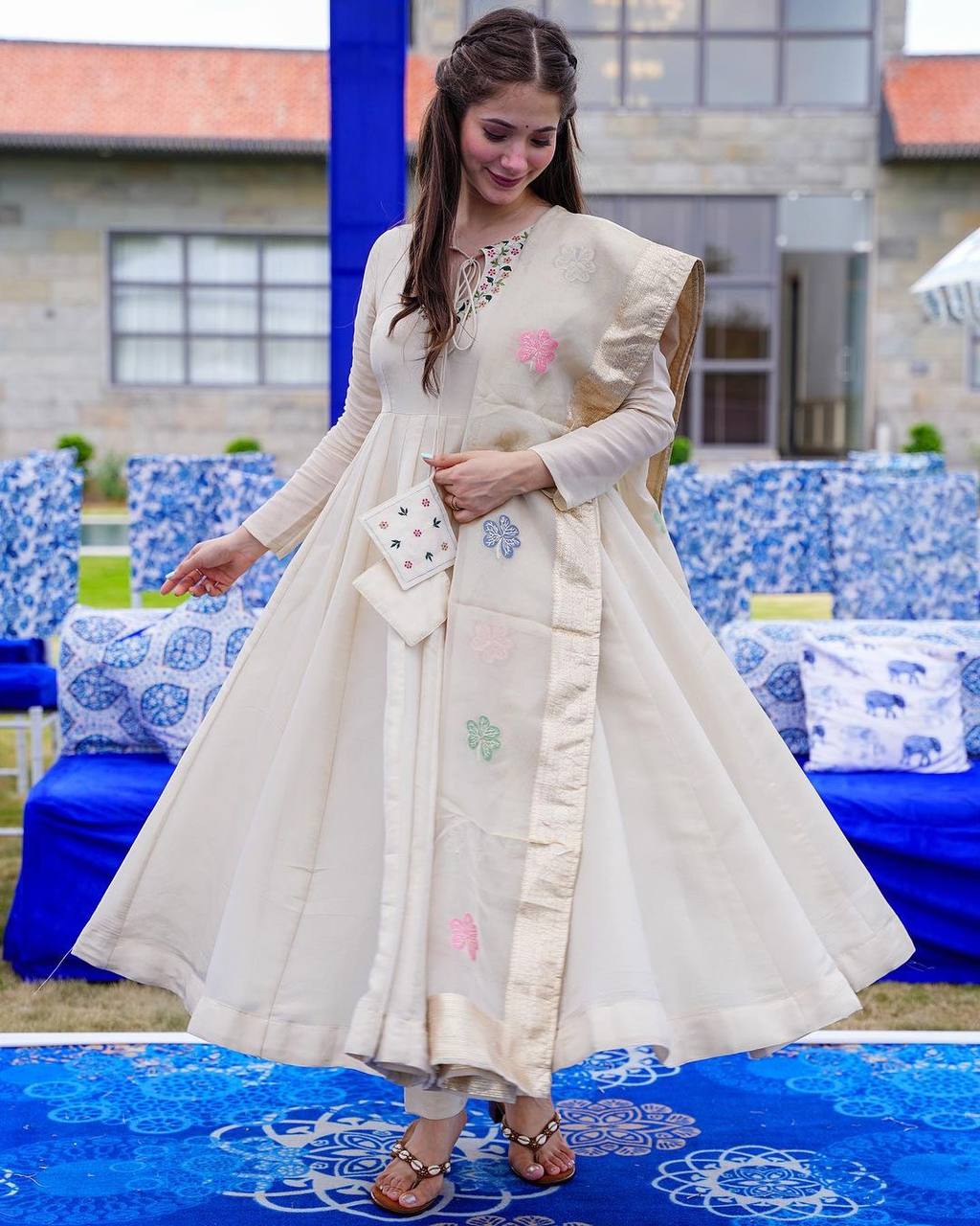 White Color Embroidery Work With Full Sleeve Anarkali Gown