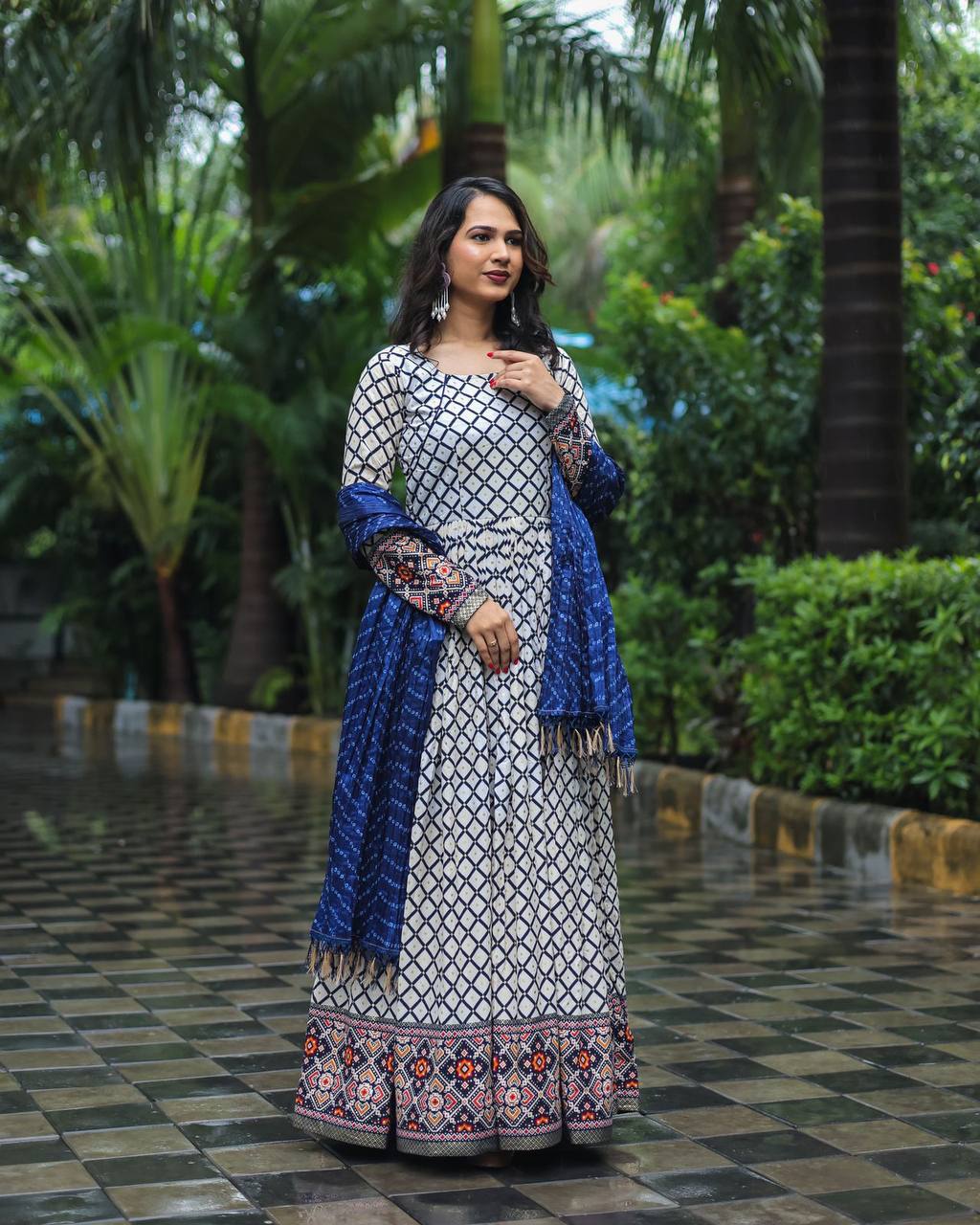 Stylish Foil Print Blue Color Gown With Fancy Dupatta