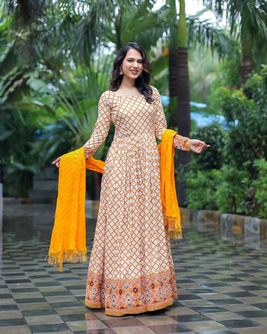 Stylish Foil Print Yellow Color Gown With Fancy Dupatta