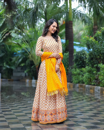 Stylish Foil Print Yellow Color Gown With Fancy Dupatta