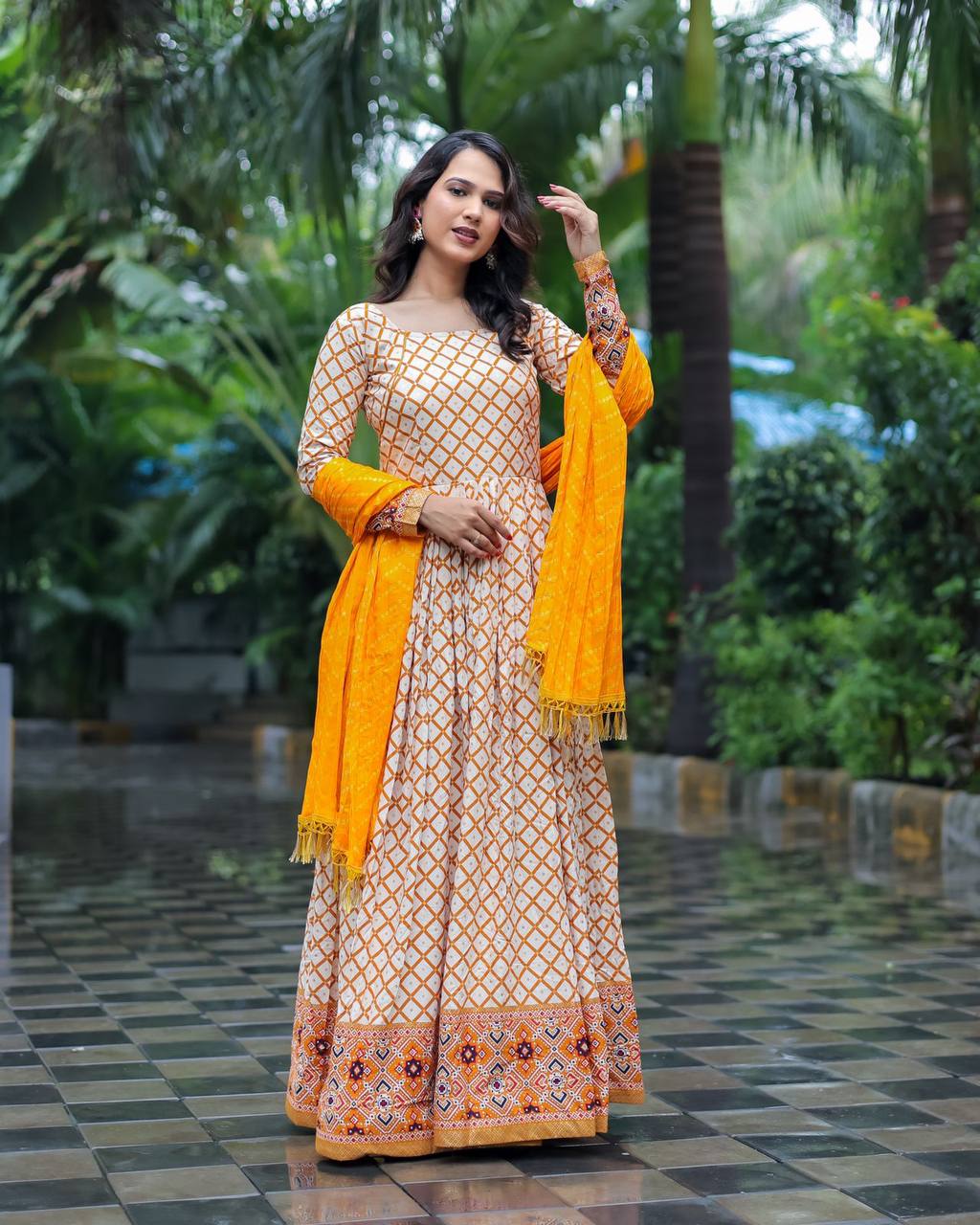 Stylish Foil Print Yellow Color Gown With Fancy Dupatta