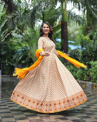 Stylish Foil Print Yellow Color Gown With Fancy Dupatta