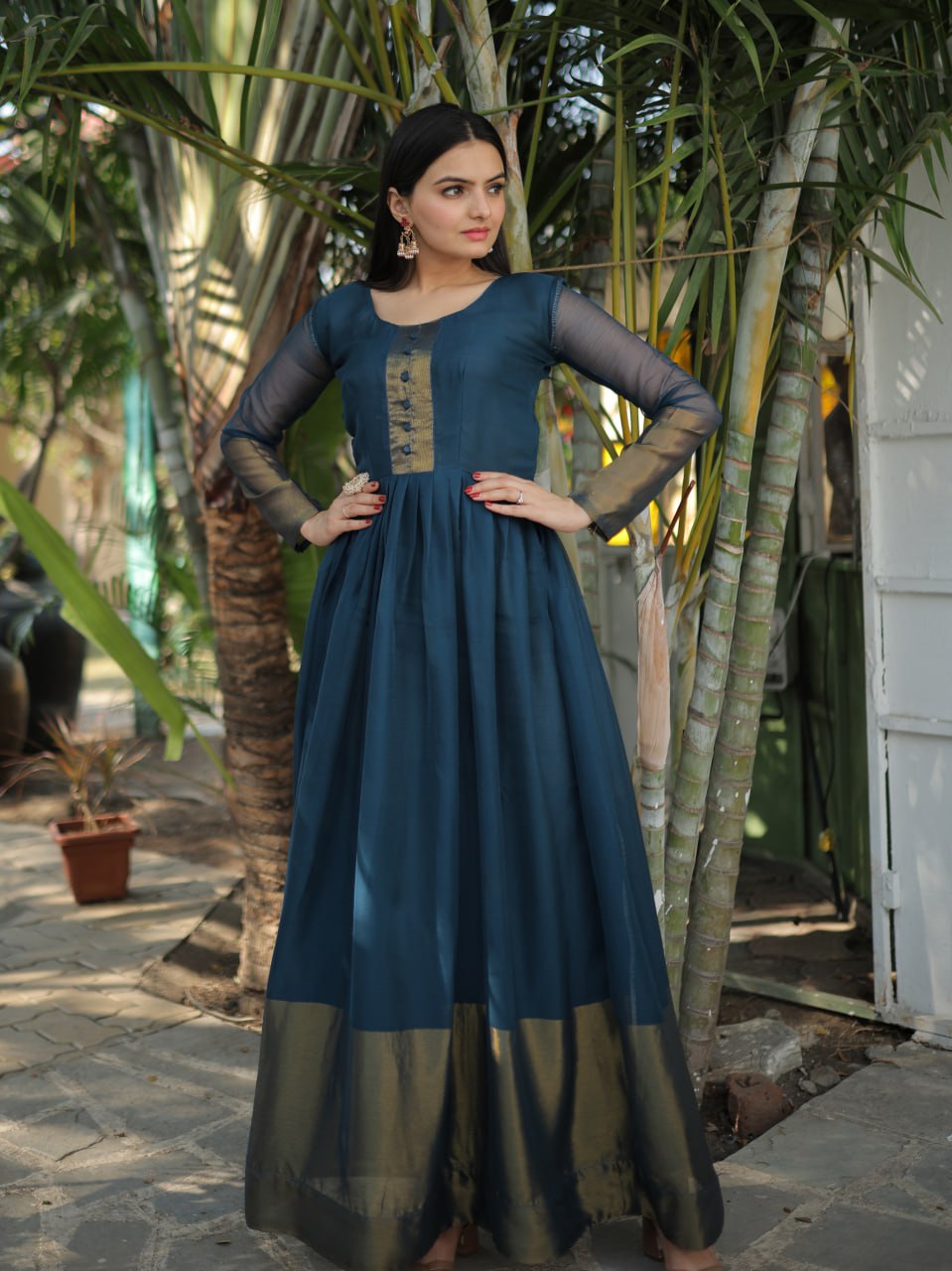 Attractive Chiffon Golden Zari Patta Navy Blue Color Gown