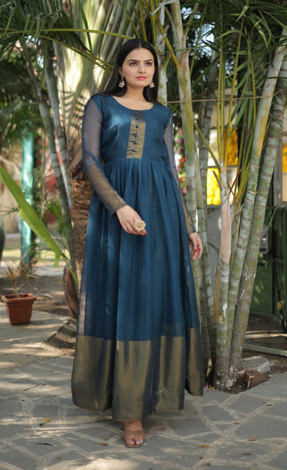 Attractive Chiffon Golden Zari Patta Navy Blue Color Gown