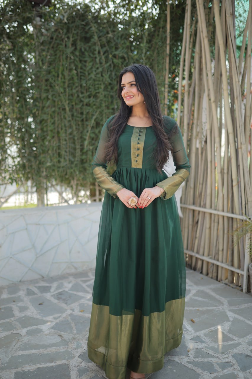 Attractive Chiffon Golden Zari Patta Green Color Gown