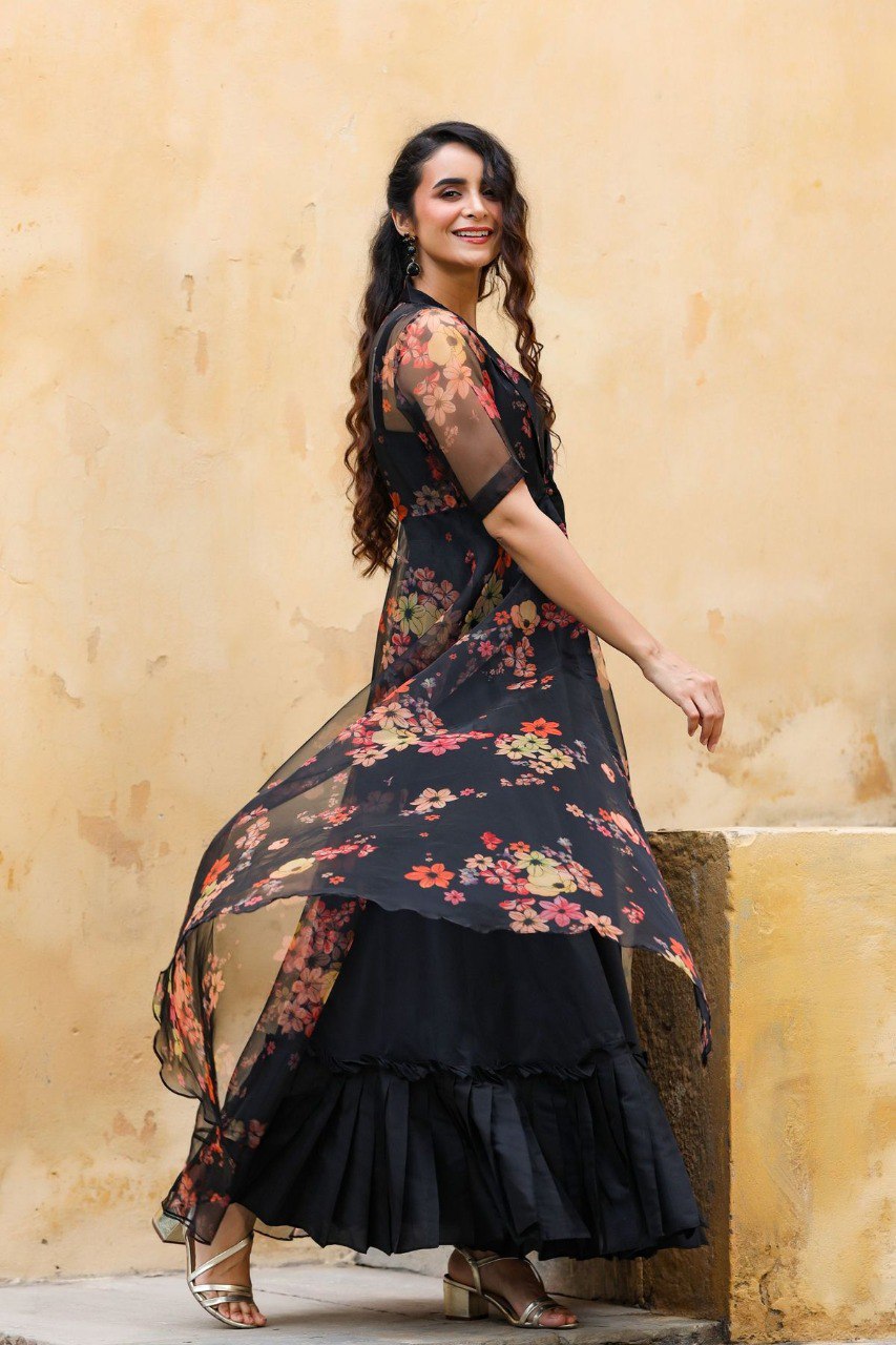 Digital Print Organza Shrug With Black Gown