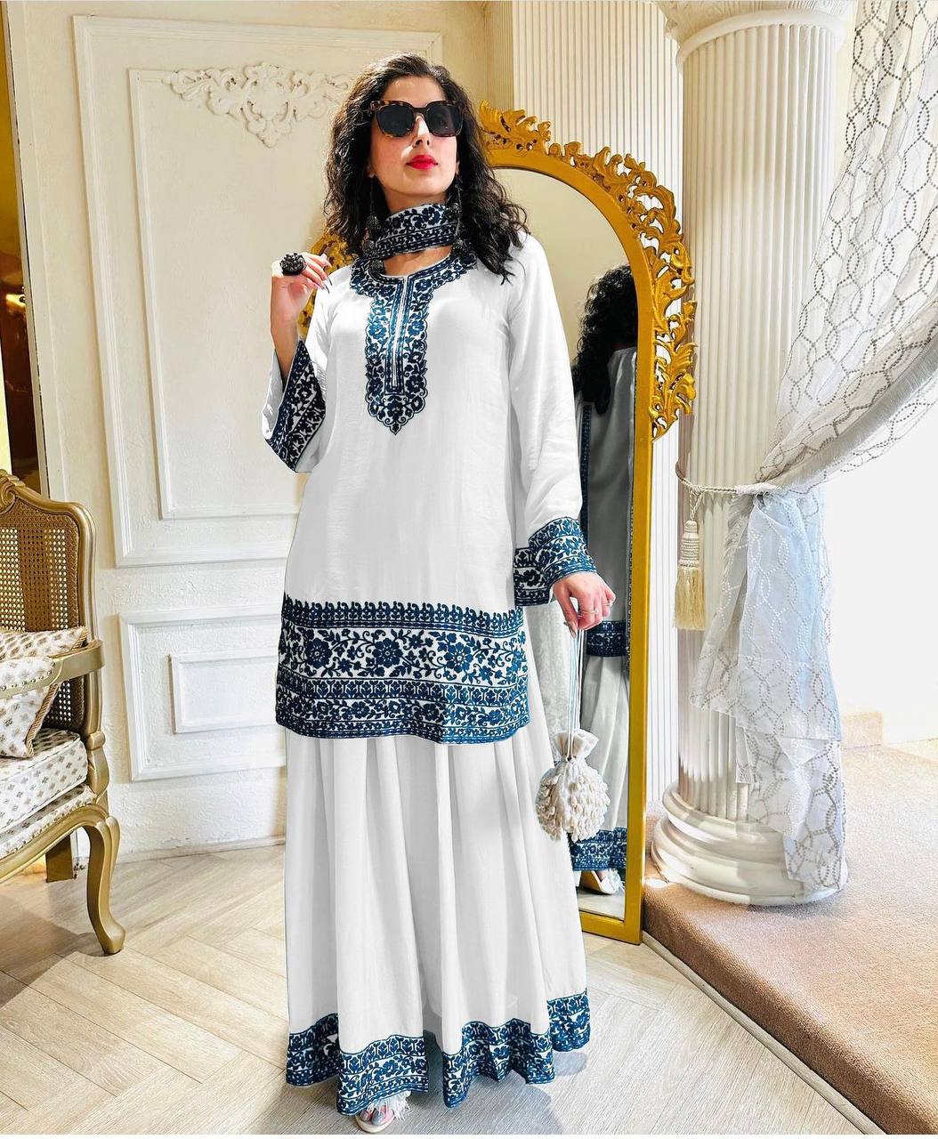 Ravishing White Color Thread Work Palazzo Suit