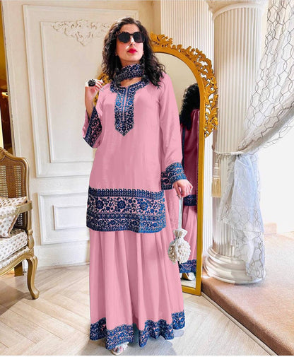 Ravishing Light Pink Color Thread Work Palazzo Suit