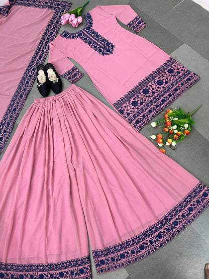 Ravishing Light Pink Color Thread Work Palazzo Suit