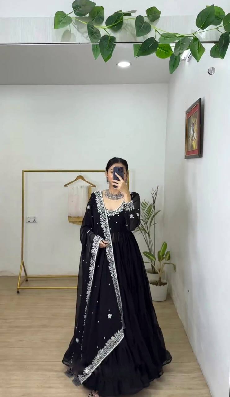 Ruffle Style Black Color Sequence Work Anarkali Gown