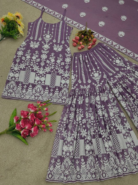 Wedding Wear Lavender Color Diamond Hand Work Sharara Suit