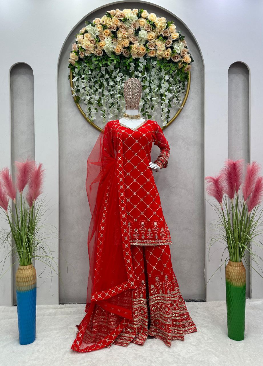 Beautiful Chex Design Sequence Work Red Color Sharara Suit