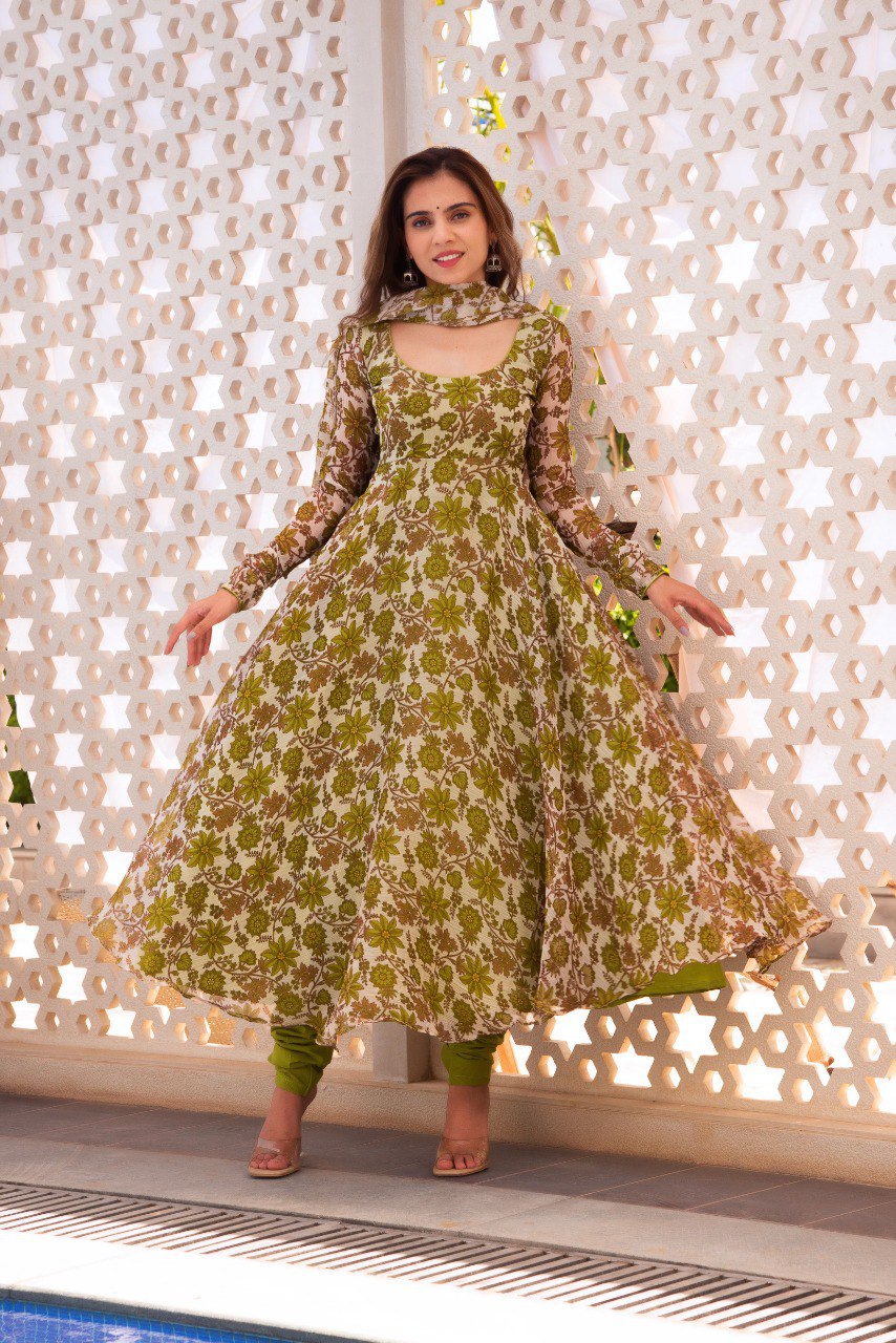 Fancy Green Color Flower Digital Print Anarkali Gown