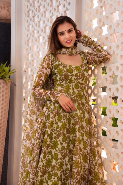 Fancy Green Color Flower Digital Print Anarkali Gown