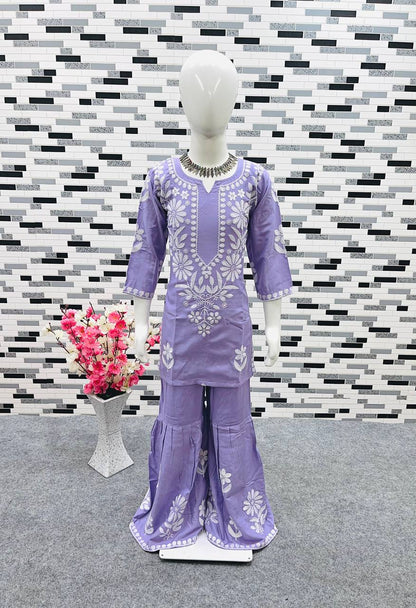 Lavender Color Embroidery Work Kid's Sharara With Top