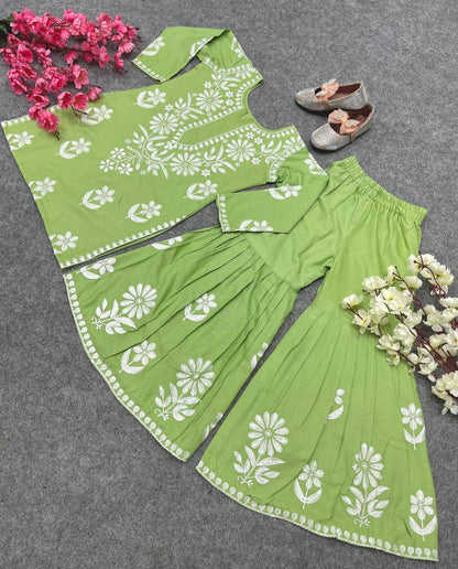 Green Color Embroidery Work Kid's Sharara With Top