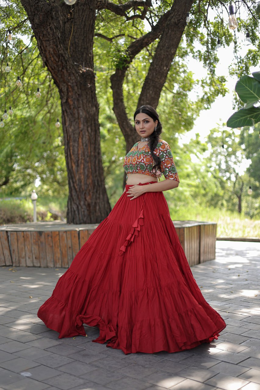 Beautiful Work Blouse With Red Ruffle Style Lehenga