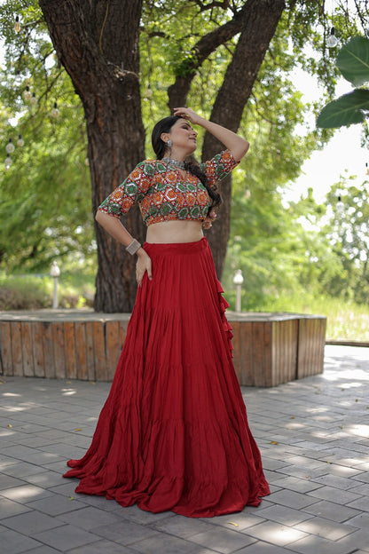 Beautiful Work Blouse With Red Ruffle Style Lehenga