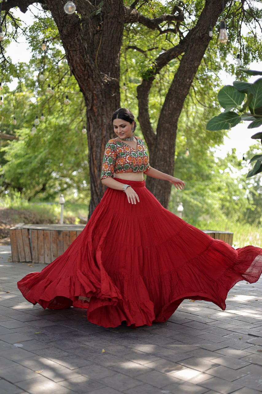 Beautiful Work Blouse With Red Ruffle Style Lehenga