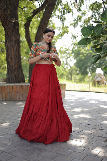 Beautiful Work Blouse With Red Ruffle Style Lehenga